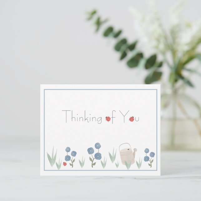 Dusty Blue Watercolor Floral Thinking of You Postcard (Standing Front)
