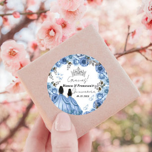 Dusty Blue Watercolor Floral Twin Quinceañera Classic Round Sticker