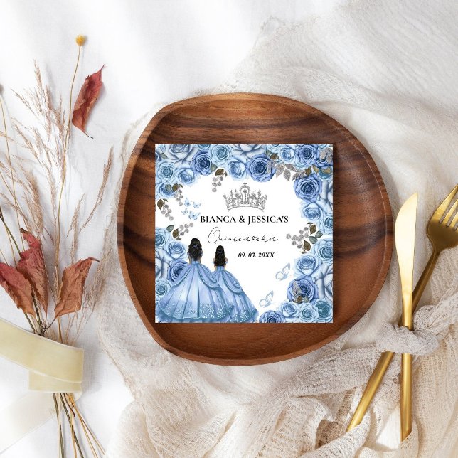 Dusty Blue Watercolor Floral Twin Quinceañera Napkin (Creator Uploaded)