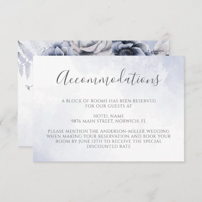 Dusty Blue Watercolor Floral Wedding Accommodation Enclosure Card (Front/Back)