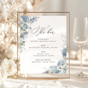 Dusty Blue Watercolor Floral Wedding Bar Menu Pedestal Sign