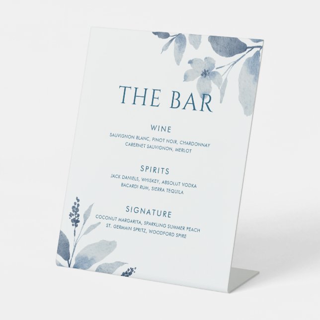 Dusty Blue Watercolor Floral Wedding Bar Menu Sign (Front)