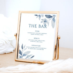 Dusty Blue Watercolor Floral Wedding Bar Menu Sign