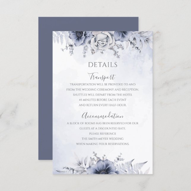Dusty Blue Watercolor Floral Wedding Details Enclosure Card (Front/Back)