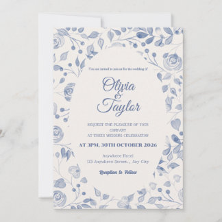 Dusty Blue Watercolor Floral Wedding Invitation