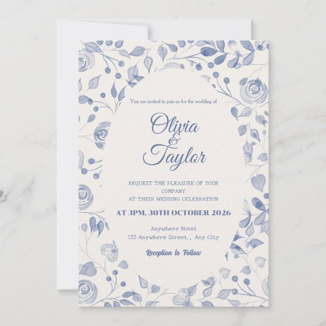 Dusty Blue Watercolor Floral Wedding Invitation (Front)