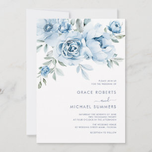 Dusty Blue Watercolor Floral Wedding Invitation