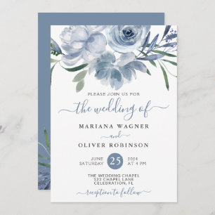 Dusty Blue Watercolor Floral Wedding Invitation