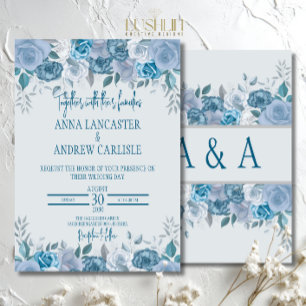 Dusty Blue Watercolor Floral Wedding Invitation 