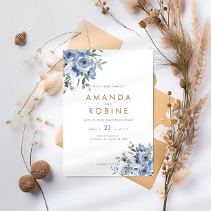Dusty Blue Watercolor Floral Wedding Invitation