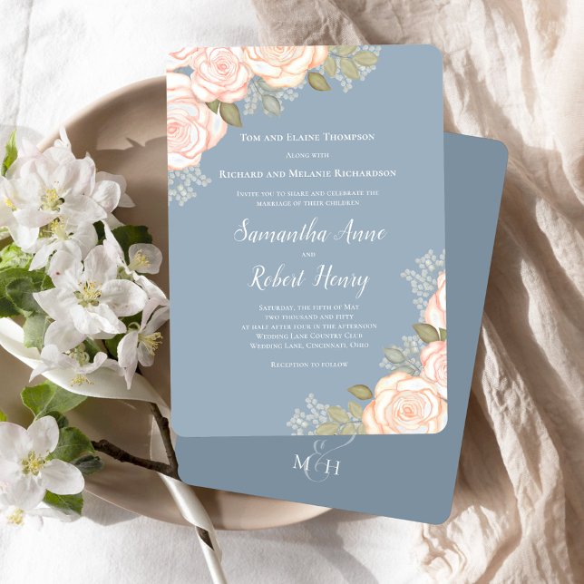 Dusty Blue Watercolor Floral Wedding  Invitation (Elegant blush pink floral dusty blue wedding invitation.)