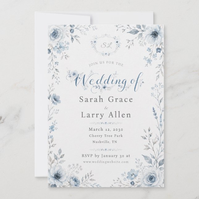 Dusty Blue Watercolor Floral Wedding Invitation  (Front)