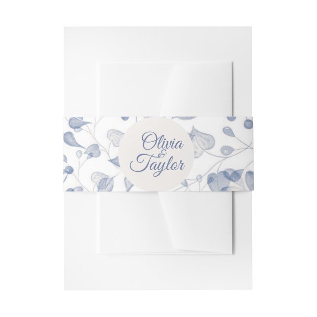 Dusty Blue Watercolor Floral Wedding Invitation Belly Band (Front Example)