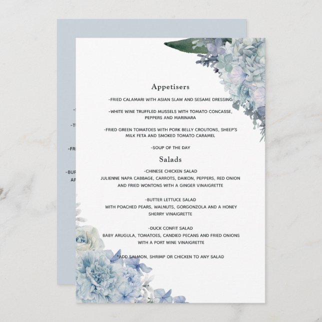 Dusty Blue Watercolor floral Wedding Menu (Front/Back)