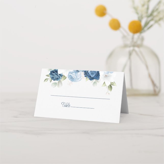 Dusty Blue Watercolor Floral Wedding Place Card (Front)