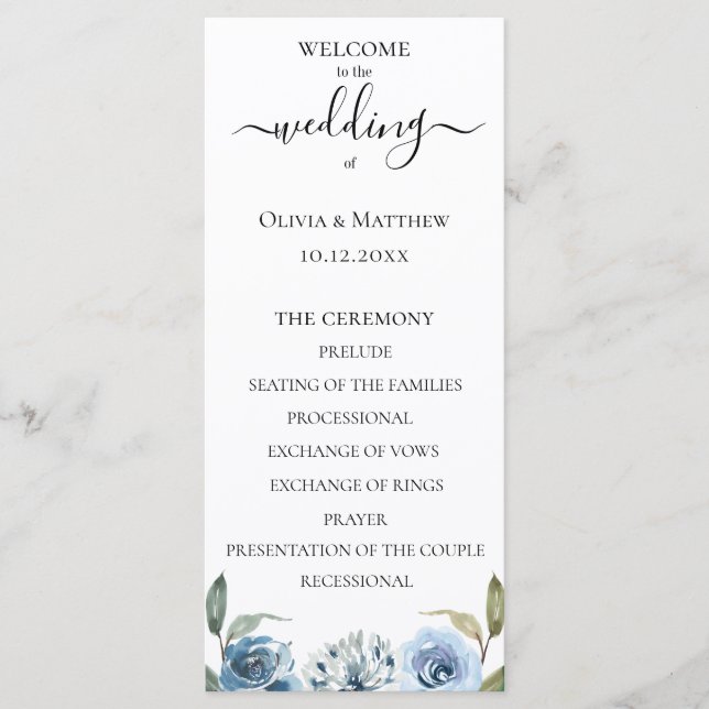 Dusty Blue Watercolor Floral Wedding Program Programme (Front)