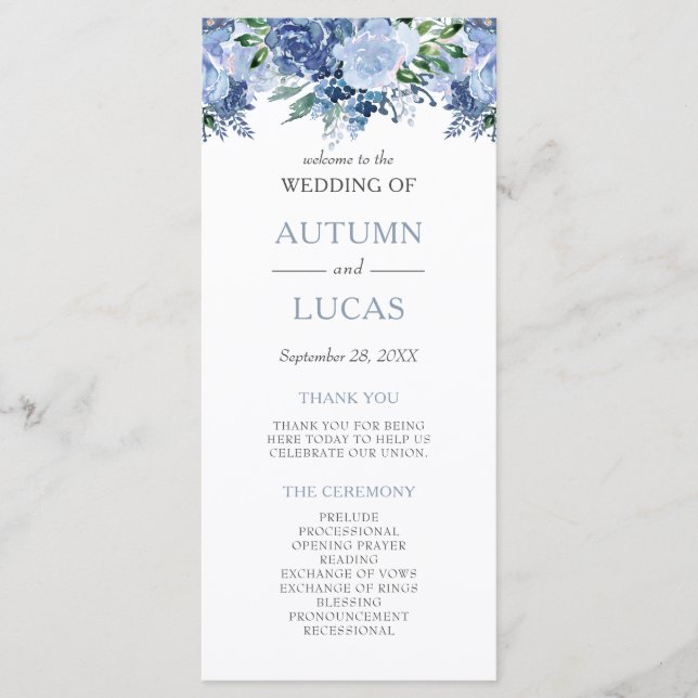 Dusty Blue Watercolor Floral Wedding Programme (Front)