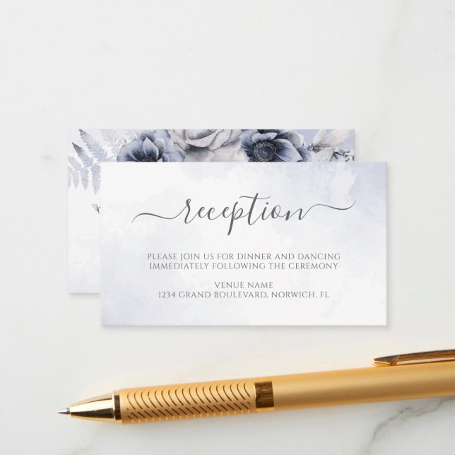 Dusty Blue Watercolor Floral Wedding Reception Enclosure Card (Front/Back In Situ)