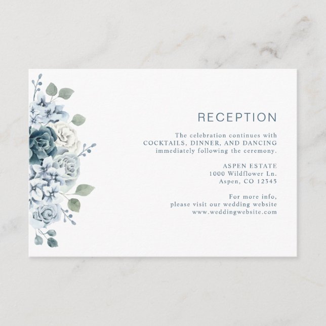 Dusty Blue Watercolor Floral Wedding Reception Enclosure Card (Front)