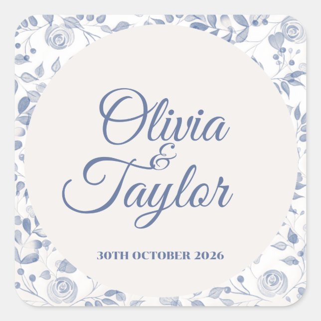Dusty Blue Watercolor Floral Wedding Square Sticker (Front)