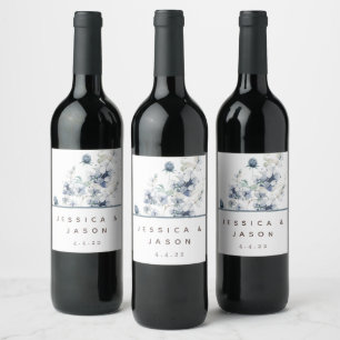 Dusty Blue Watercolor Floral Wedding Wine Labels