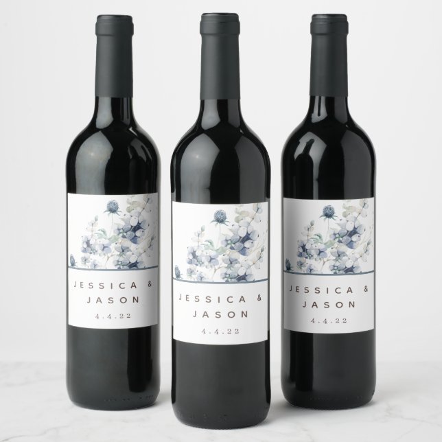 Dusty Blue Watercolor Floral Wedding Wine Labels (Bottles)