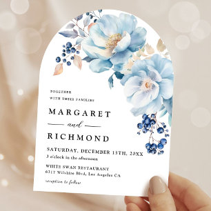 Dusty Blue Watercolor Floral Winter Arch Wedding Invitation