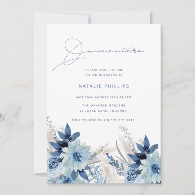 Dusty Blue Watercolor Florals Quinceañera Party Invitation (Front)