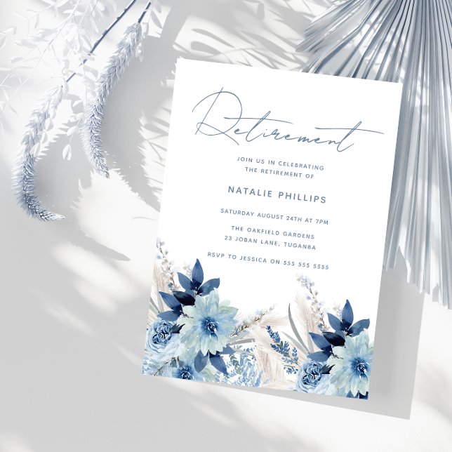 Dusty Blue Watercolor Florals Retirement Party Invitation (Creator Uploaded)