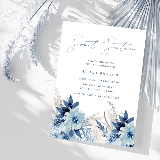 Dusty Blue Watercolor Florals Sweet 16 Birthday Invitation (Creator Uploaded)