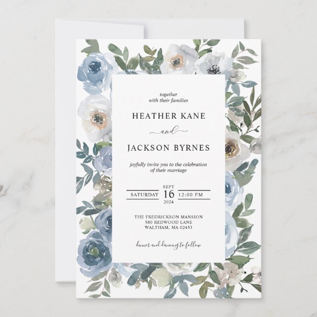 Dusty Blue Watercolor Florals Wedding  Invitation (Front)