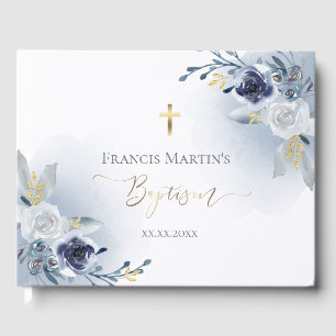 dusty blue watercolor flowers Baptism Guest Book
