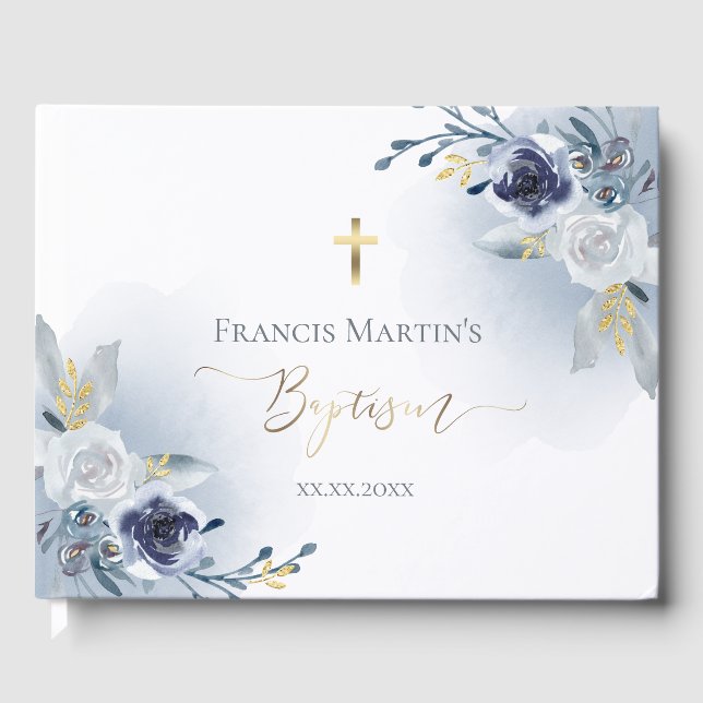 dusty blue watercolor flowers Baptism Guest Book (Front)