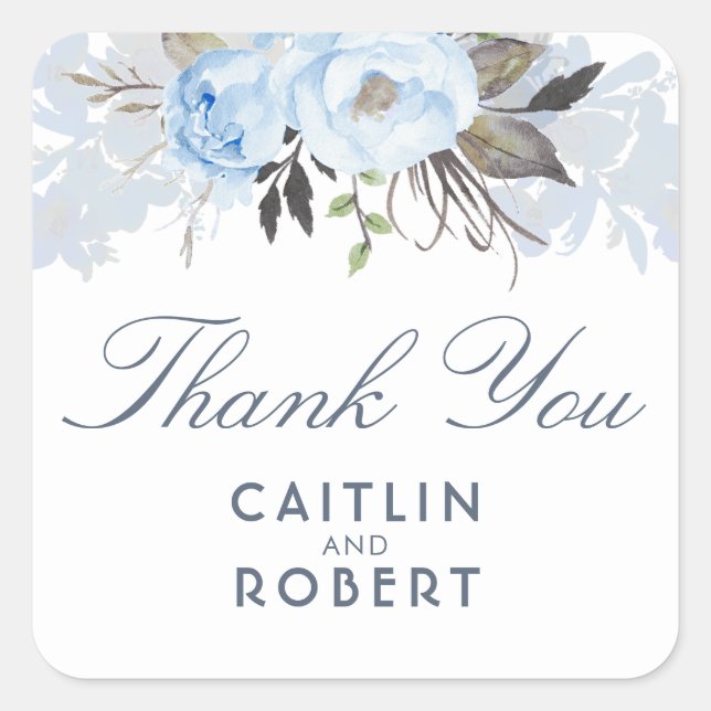 Dusty Blue Watercolor Flowers Elegant Thank You Square Sticker (Front)