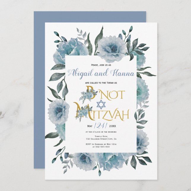 Dusty blue watercolor flowers floral B'Not Mitzvah Invitation (Front/Back)