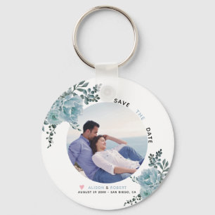 Dusty blue watercolor flowers, green leaves photo key ring