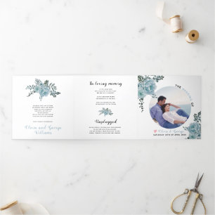 Dusty blue watercolor flowers green leaves,  photo Tri-Fold programme