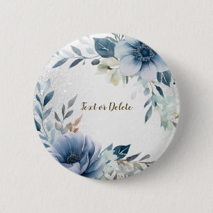 Dusty Blue Watercolor Flowers Silver Elegant 6 Cm Round Badge
