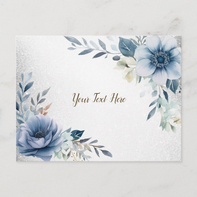 Dusty Blue Watercolor Flowers Silver Elegant Postcard (Front)