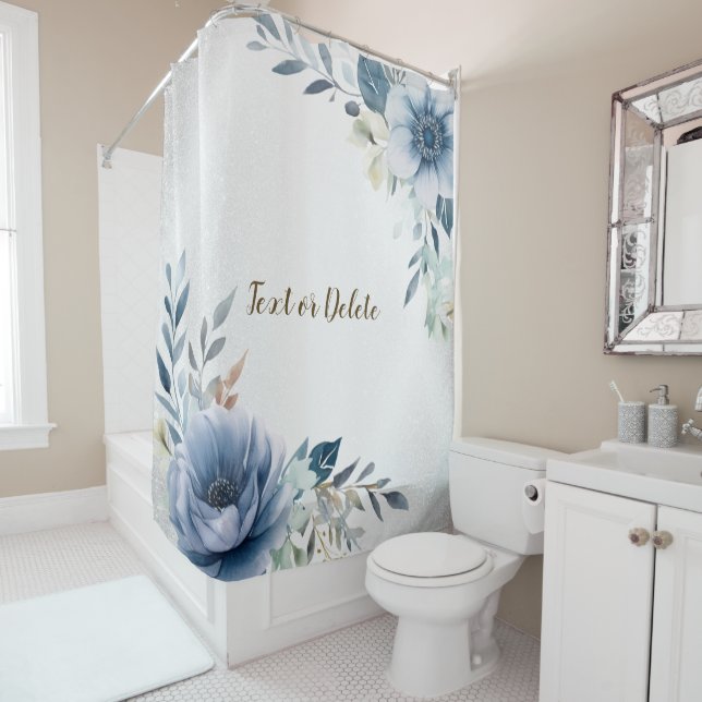 Dusty Blue Watercolor Flowers Silver Elegant Shower Curtain (In Situ)