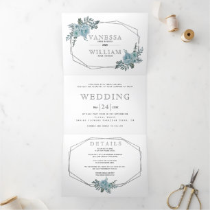 Dusty blue watercolor flowers silver wedding Tri-Fold invitation