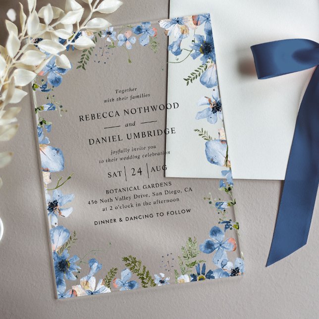 Dusty Blue Watercolor Flowers Wedding Acrylic Invitations (Creator Uploaded)