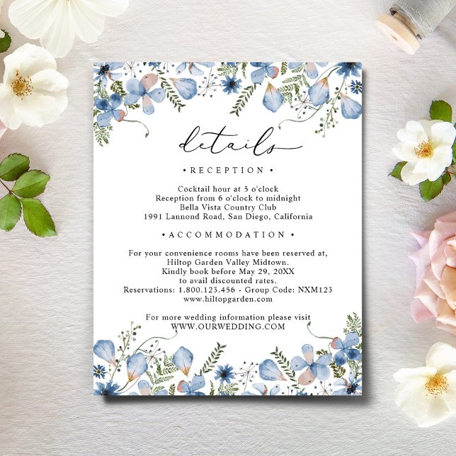 Dusty Blue Watercolor Flowers Wedding Details Enclosure Card (Creator Uploaded)