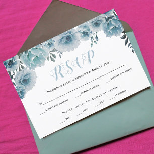 Dusty blue watercolor flowers wedding RSVP card