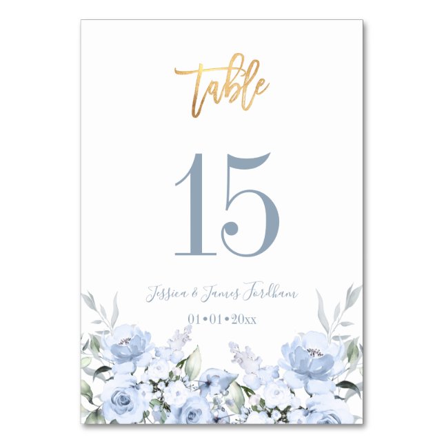 Dusty Blue Watercolor Flowers Wedding Table Number (Front)