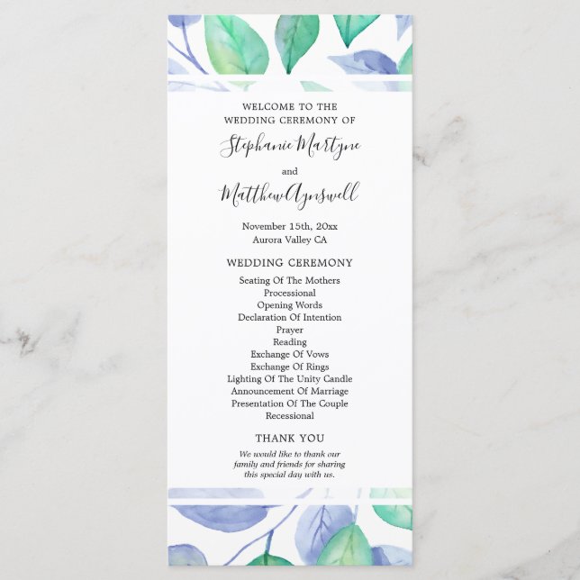 Dusty Blue Watercolor Foliage Wedding Ceremony Programme (Front)