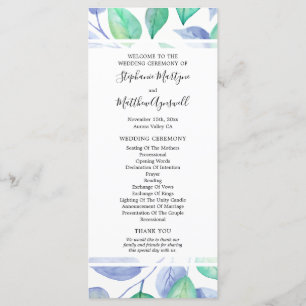 Dusty Blue Watercolor Foliage Wedding Ceremony Programme