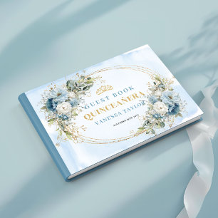 Dusty Blue Watercolor Gold Floral Greenery Sign In Guest Book