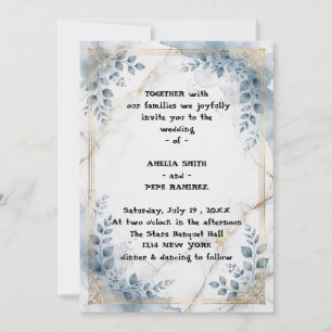 Dusty Blue Watercolor Gold Geometric Wedding Invitation