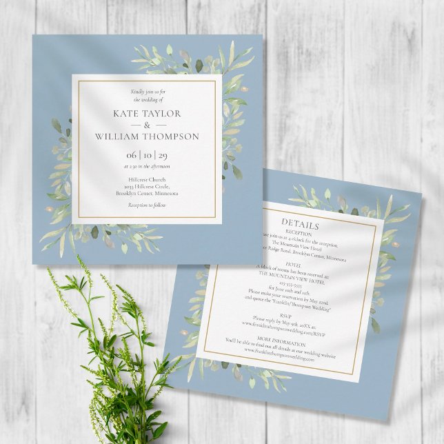 Dusty Blue Watercolor Greenery All In One Wedding Invitation (Creator Uploaded)